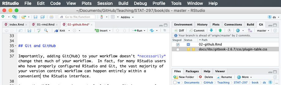 Git functionality shown within the RStudio environment (top right)