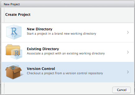 RStudio >> New Project >> “Version Control”