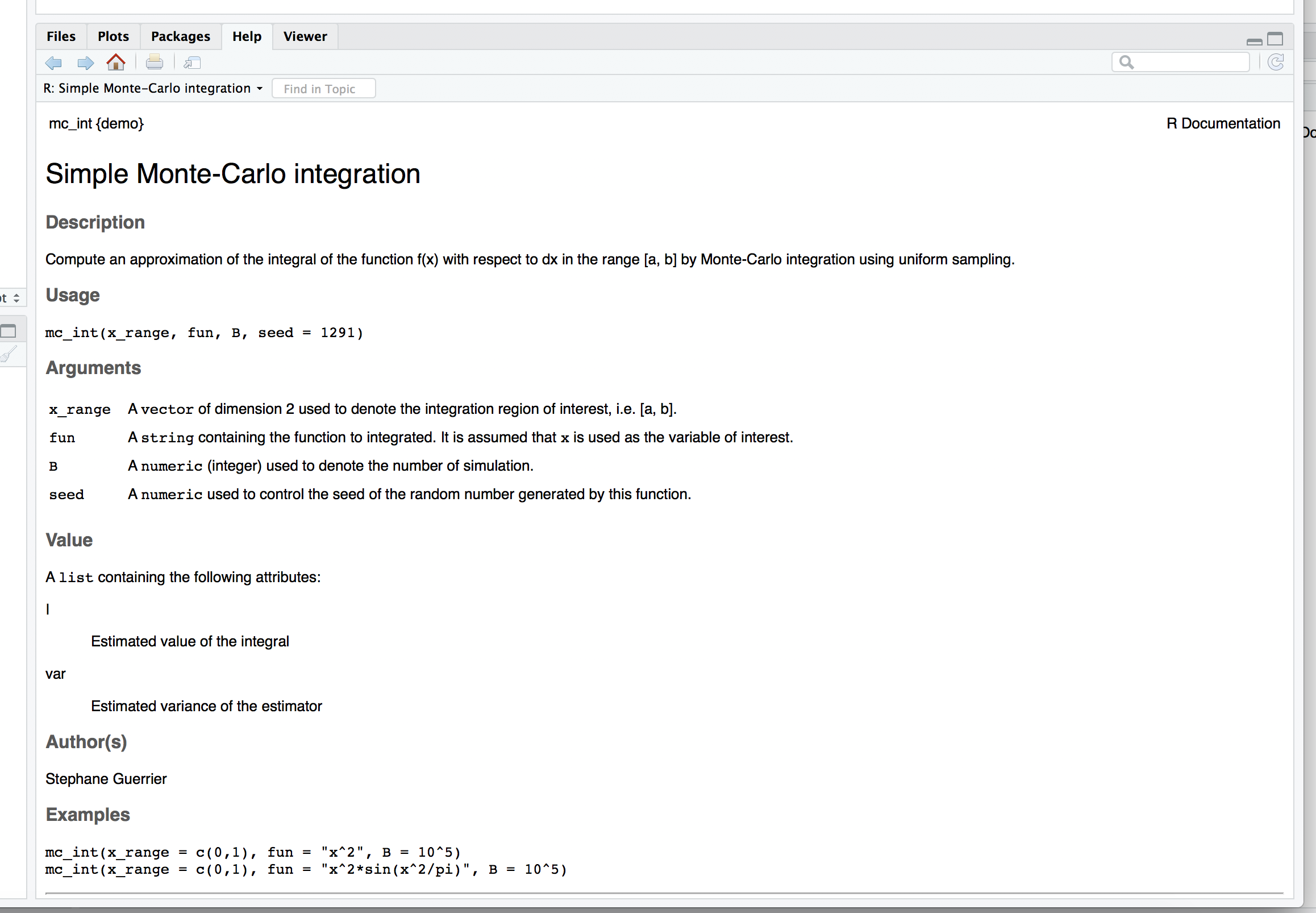 Output when running ?mc_int