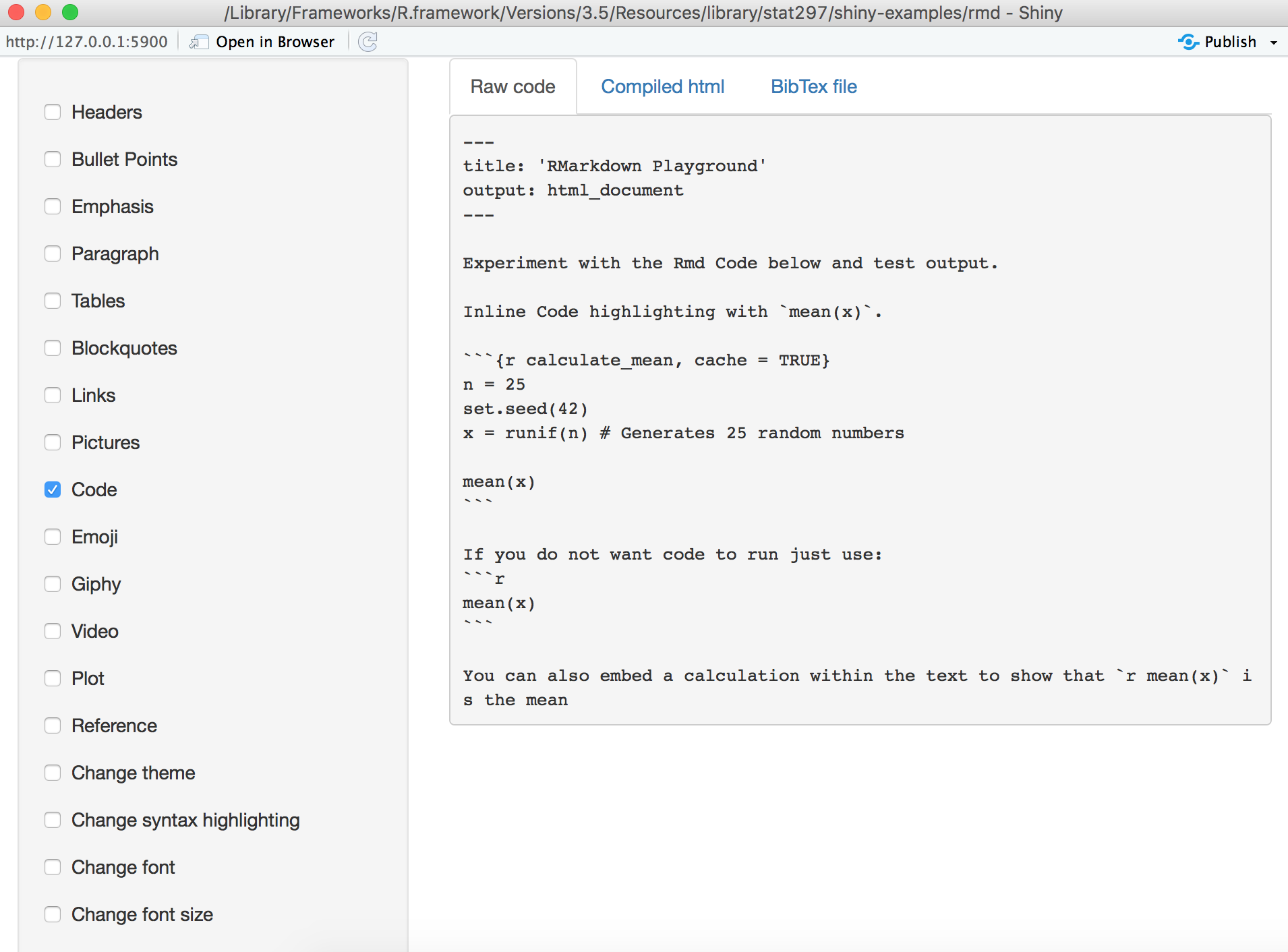 Screenshot of RMarkdown Shiny App Illustration: Code