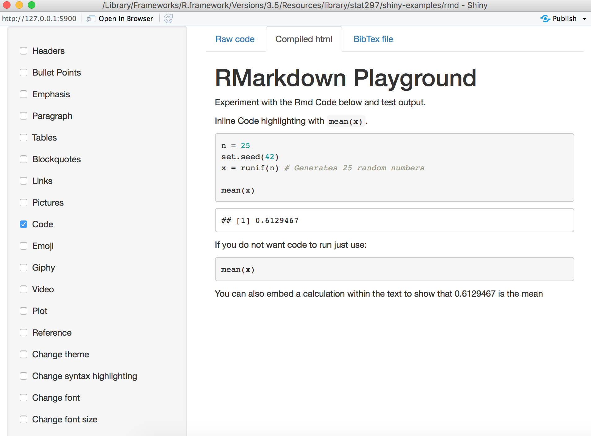 Screenshot of RMarkdown Shiny App Illustration: Code Output