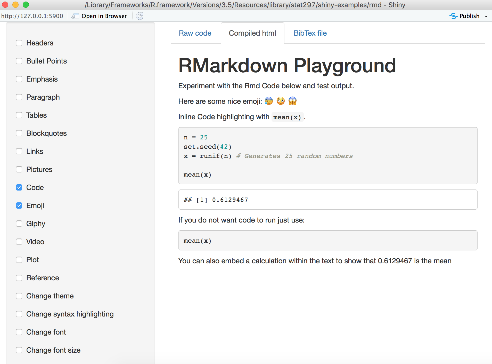 Screenshot of RMarkdown Shiny App Illustration: Code and Emoji Output