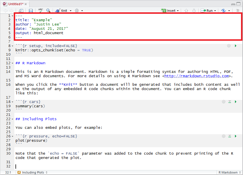 Screenshot of RMarkdown YAML section